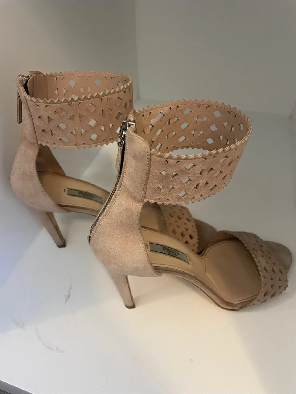 Prada heels Nude Laser-Cut Ankle Strap Stiletto Sandals